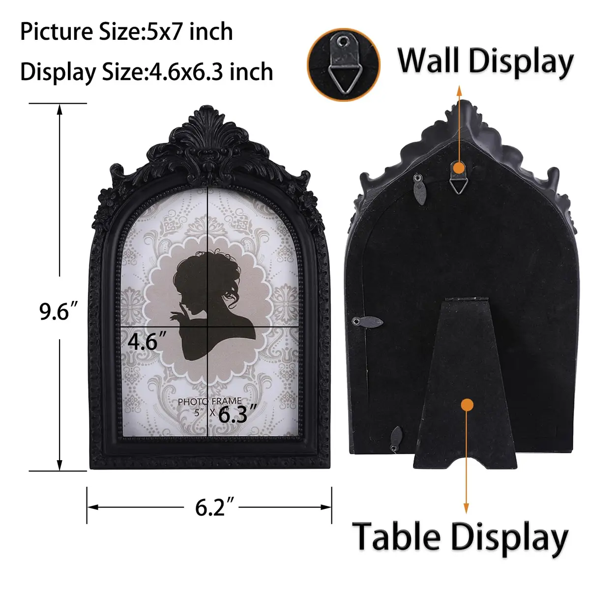 SIKOO Vintage Gothic Black Picture Frame 15x18 cm (6.2x9.6 inch) | Ornate Resin Tabletop & Wall Mount - view 6