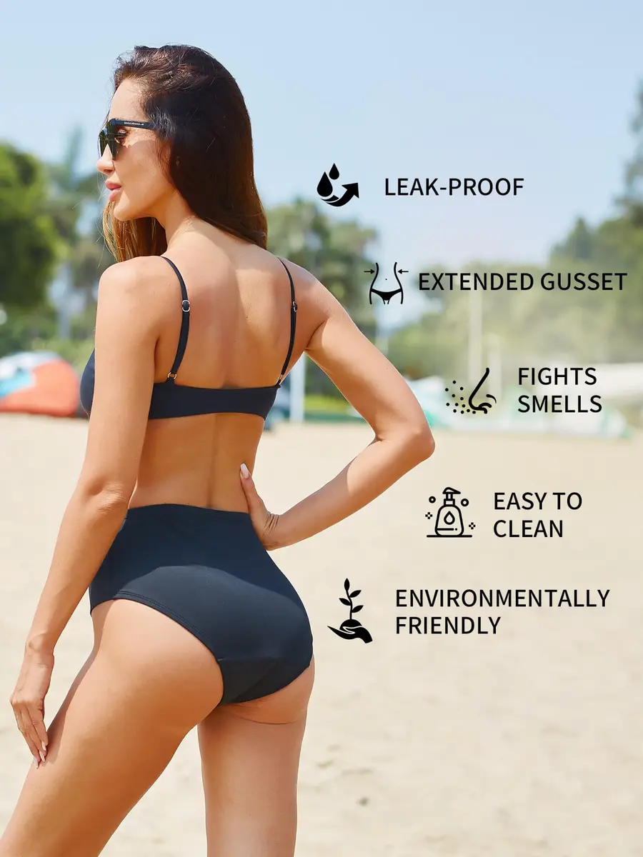 feitycom Period Swimwear Bikini Bottoms - Black Leakproof High Rise Swim Bottoms for Women (Medium) - view 3