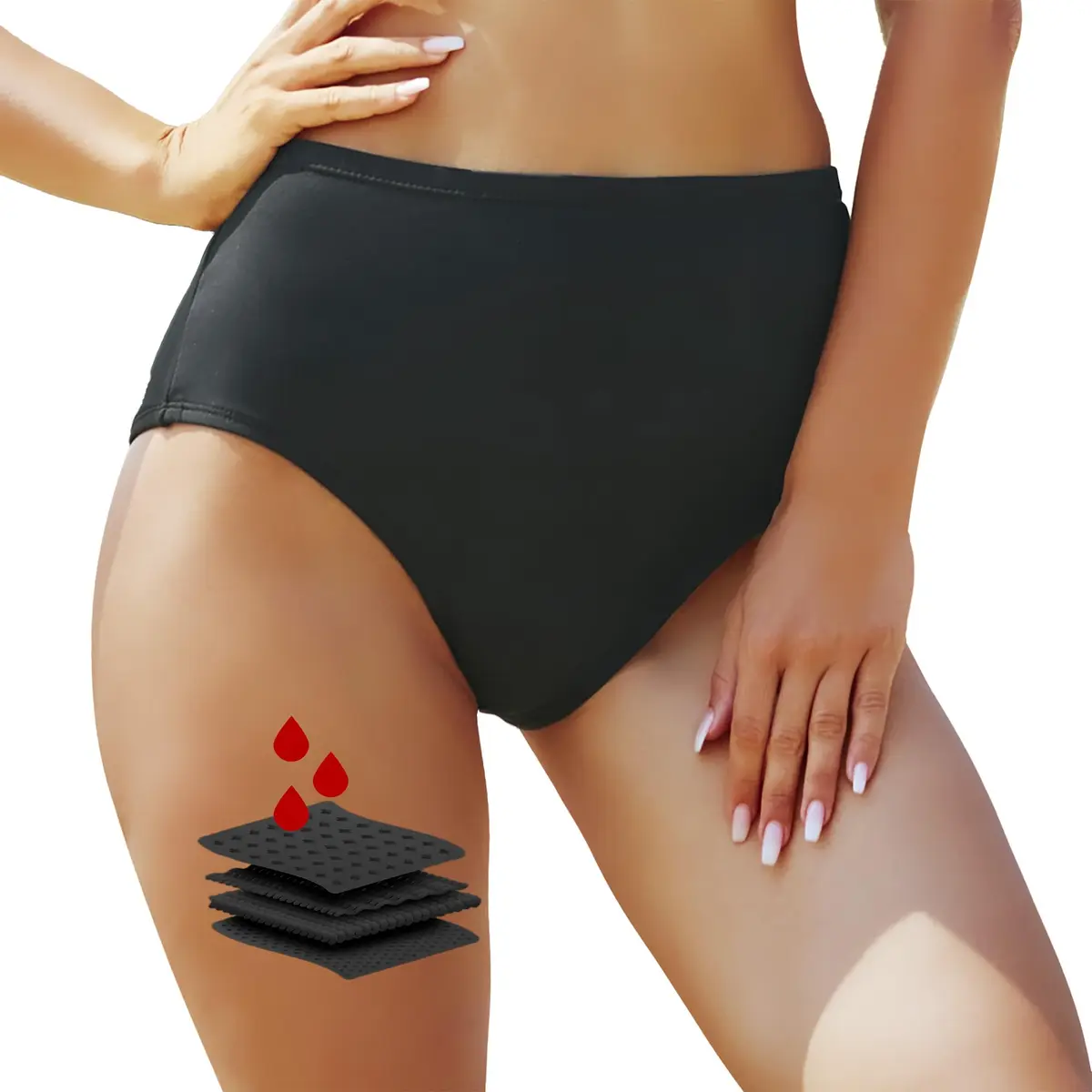 feitycom Period Swimwear High Waisted Bikini Bottoms for Women and Teens, 1 Piece (Black) - main product image