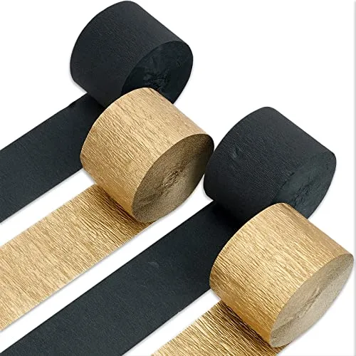 PartyWoo Crepe Paper Streamers Black Gold 4 Rolls | FSC-Certified Wood, 30% Thicker - main product image