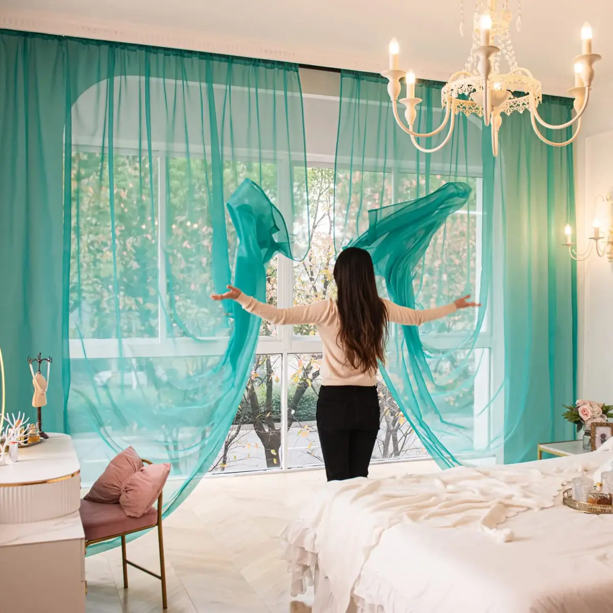 PHILEASY Turquoise Sheer Curtains 90 Inches Long, 52 Inches Wide - Pack of 2 - main product image