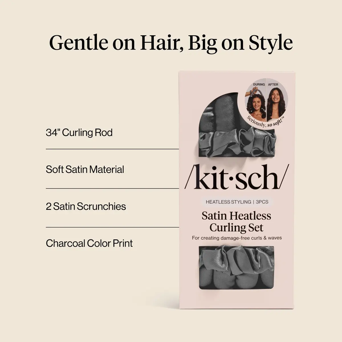 Kitsch Satin Heatless Curls Overnight Set - Charcoal | 86cm (34") Heatless Curling Rod & 2 Satin Scrunchies - view 4