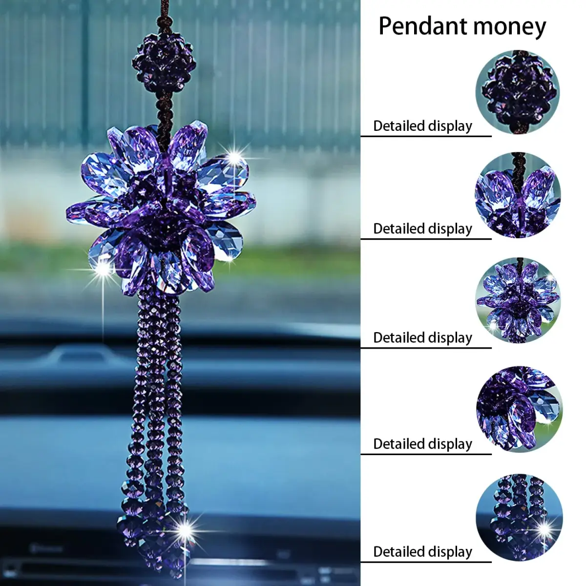 AICEL K9 Crystal Flower Rear View Mirror Pendant | Handmade Car Interior Ornament (13.8 inches total length) - view 3