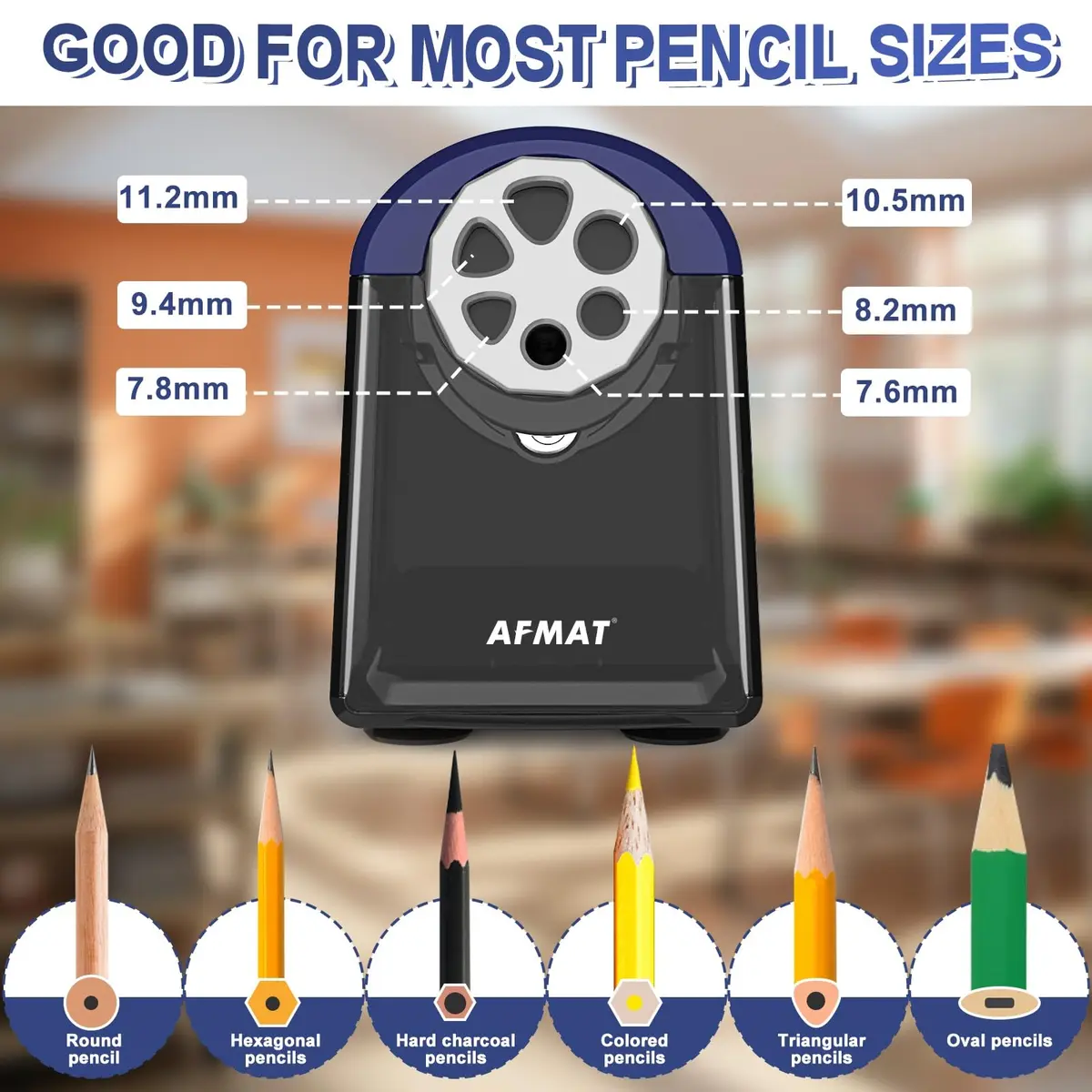 AFMAT PSX2 Heavy Duty Electric Pencil Sharpener, 6 Holes, Classroom Sharpener for 6-11mm Pencils, Auto Stop, Super Fast, Save Pencils, Blue - view 2