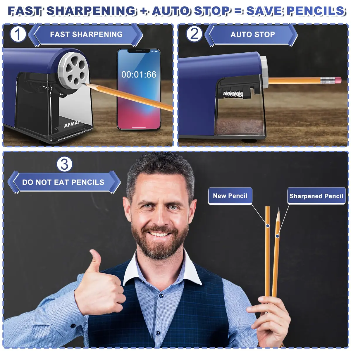 AFMAT PSX2 Heavy Duty Electric Pencil Sharpener, 6 Holes, Classroom Sharpener for 6-11mm Pencils, Auto Stop, Super Fast, Save Pencils, Blue - view 3