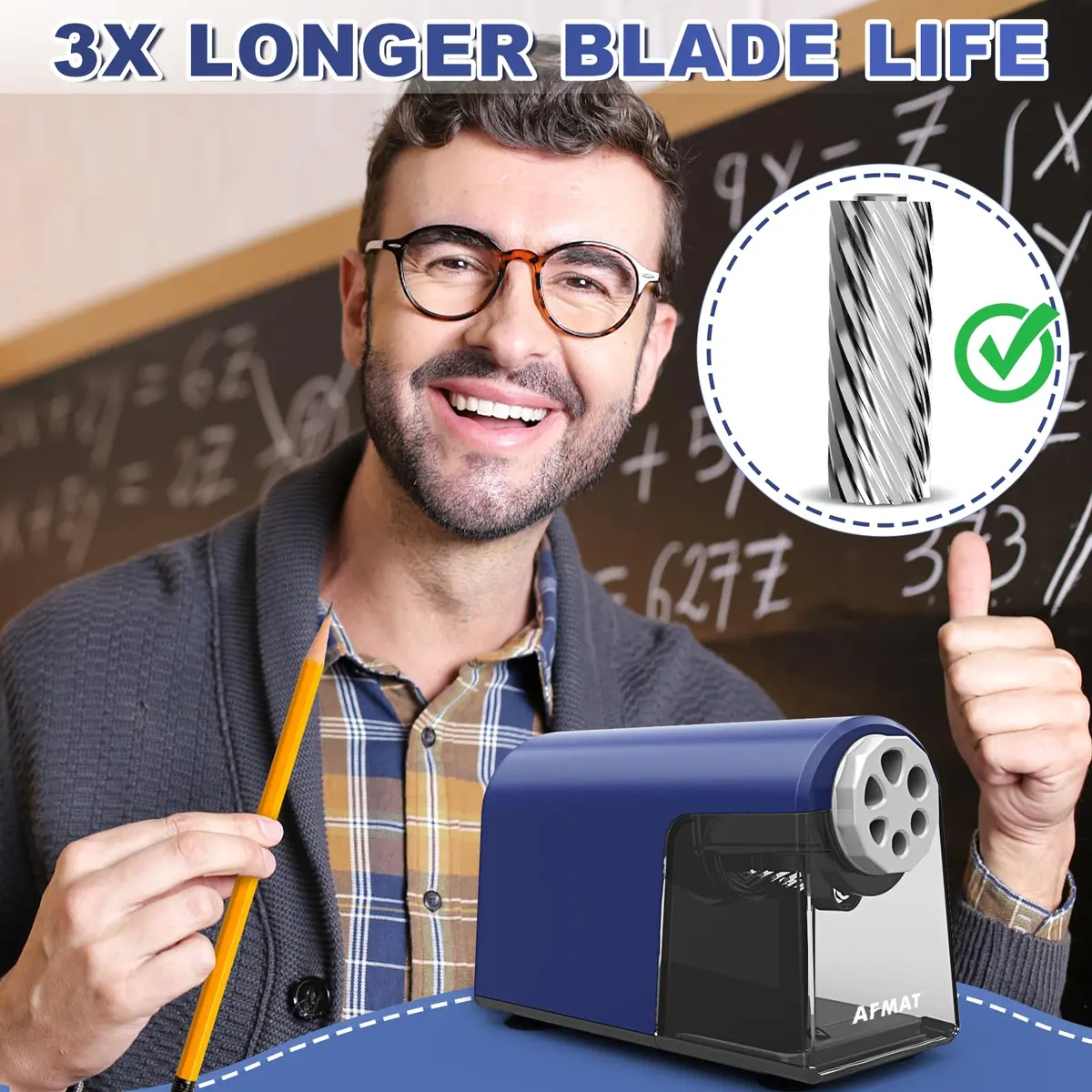 AFMAT PSX2 Heavy Duty Electric Pencil Sharpener, 6 Holes, Classroom Sharpener for 6-11mm Pencils, Auto Stop, Super Fast, Save Pencils, Blue - view 4