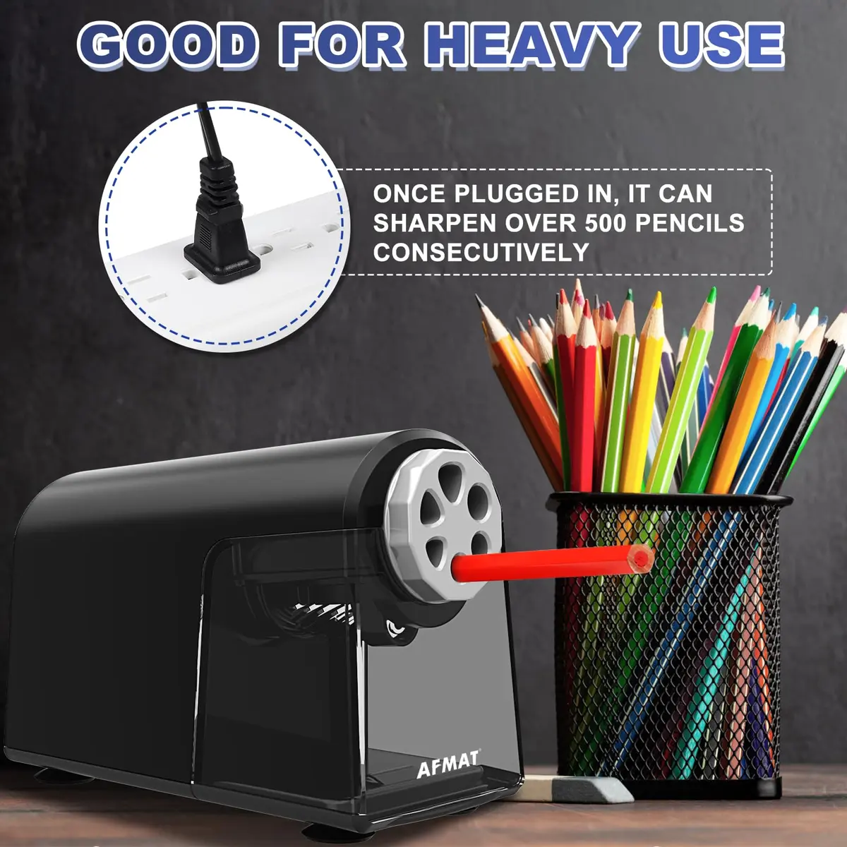 AFMAT Electric Pencil Sharpener for Classroom, 6 Holes, Heavy Duty, Black, 16 cm (6.9 in) | Auto Stop & Save Pencils - view 5