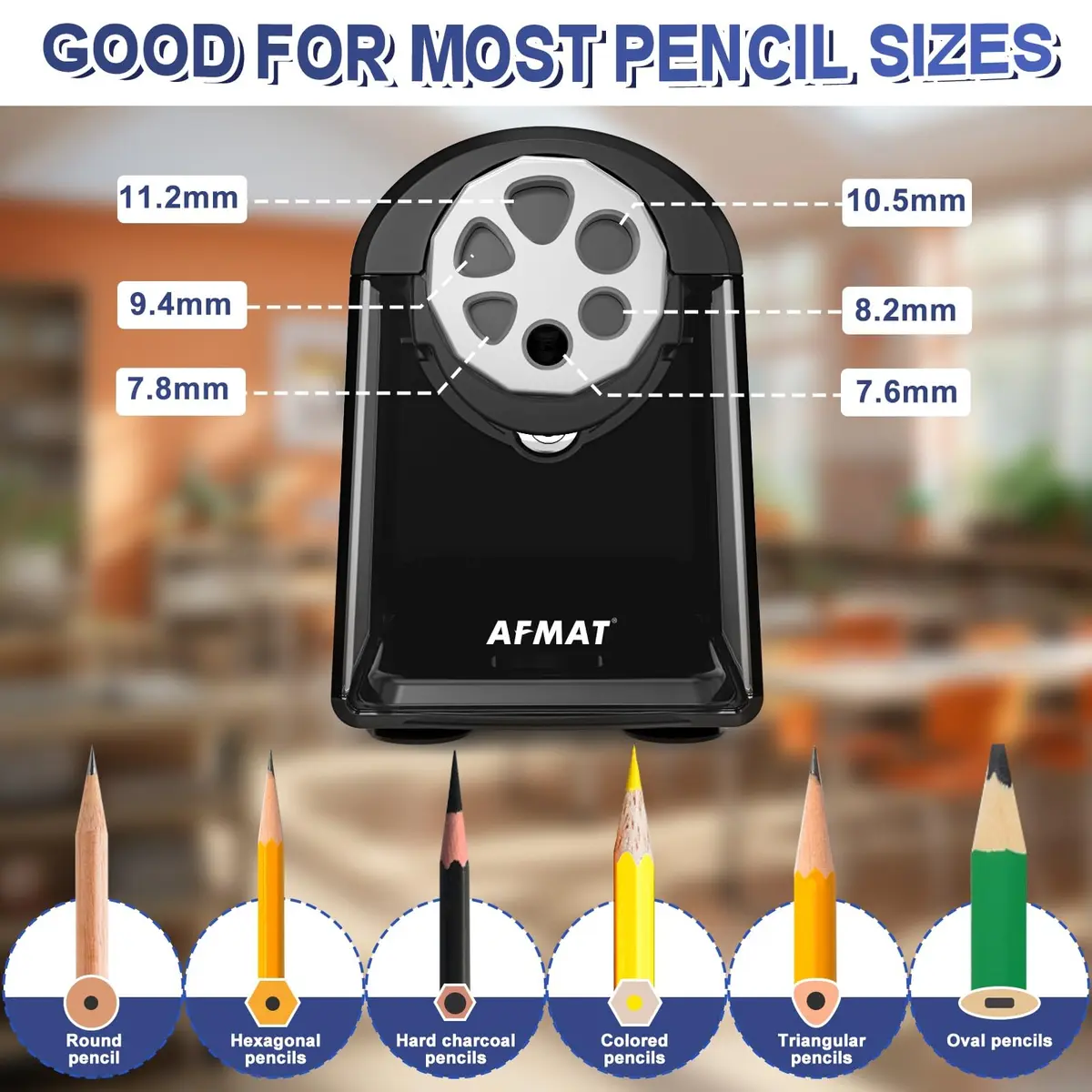 AFMAT Electric Pencil Sharpener for Classroom, 6 Holes, Heavy Duty, Black, 16 cm (6.9 in) | Auto Stop & Save Pencils - view 2