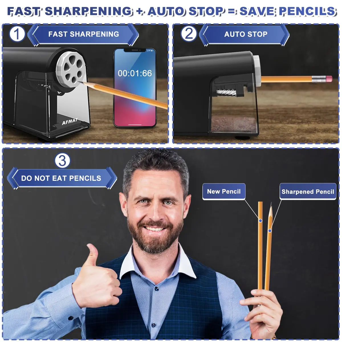 AFMAT Electric Pencil Sharpener for Classroom, 6 Holes, Heavy Duty, Black, 16 cm (6.9 in) | Auto Stop & Save Pencils - view 3