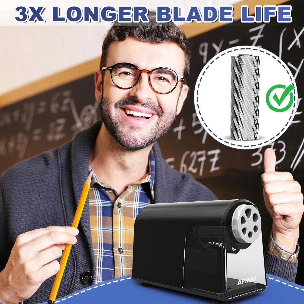 AFMAT Electric Pencil Sharpener for Classroom, 6 Holes, Heavy Duty, Black, 16 cm (6.9 in) | Auto Stop & Save Pencils - view 4