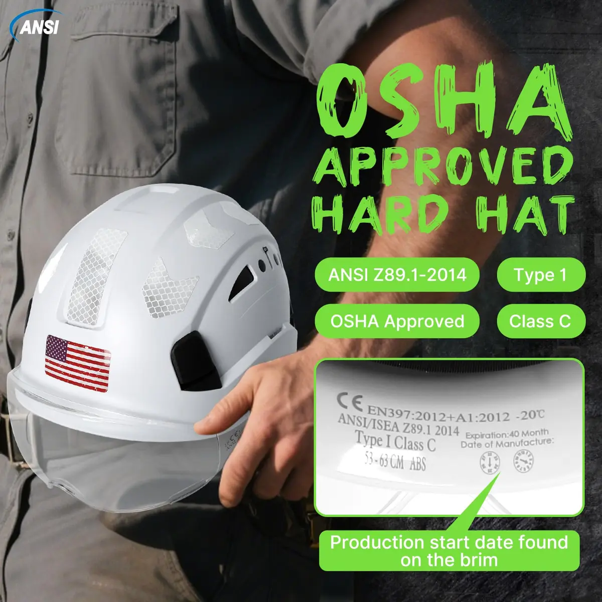 Aolamegs Hard Hats Construction OSHA Approved - ANSI Z89.1 Reflective White Hard Hat with Visor, 53-63cm | ABS Safety Helmet for Adults - view 6