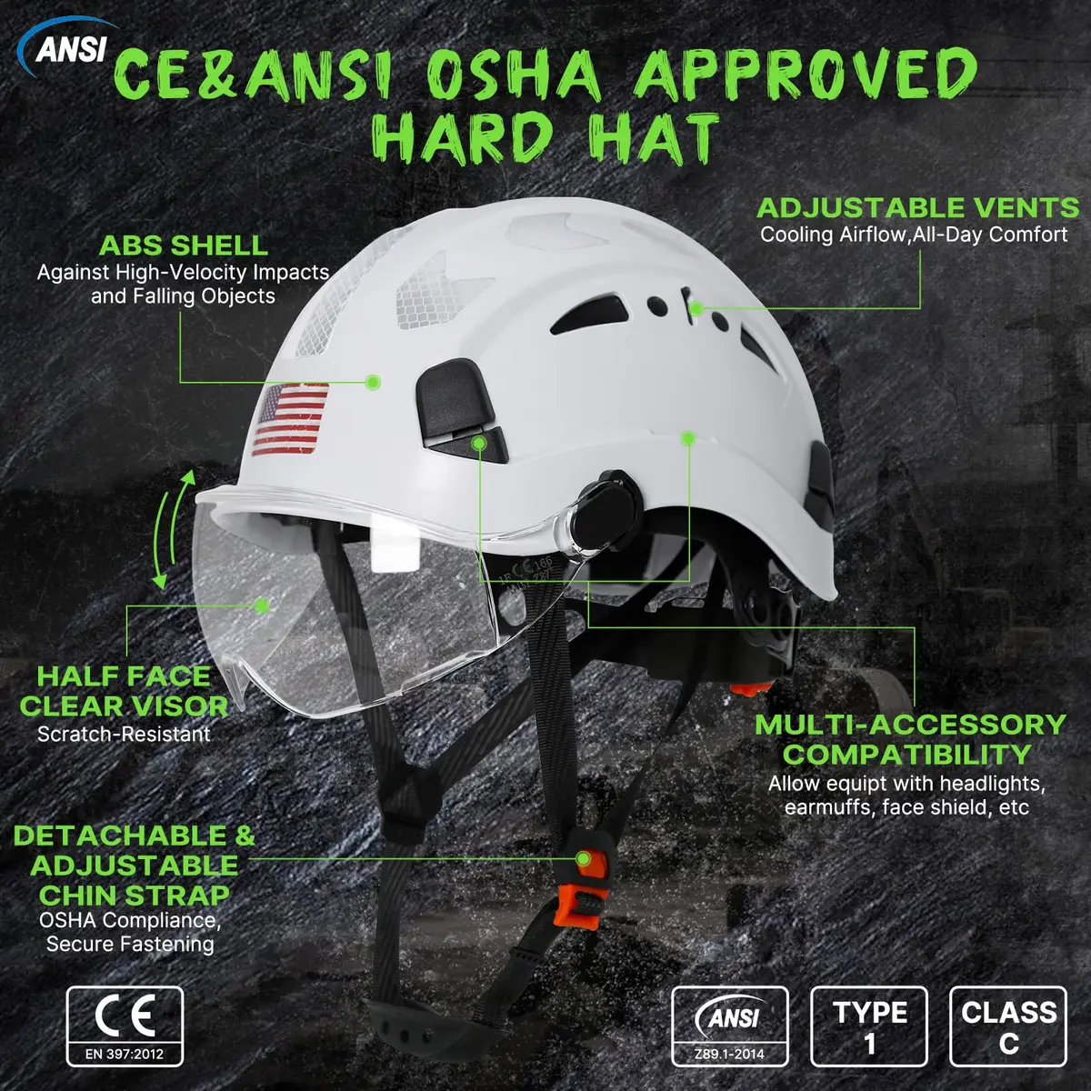 Aolamegs Hard Hats Construction OSHA Approved - ANSI Z89.1 Reflective White Hard Hat with Visor, 53-63cm | ABS Safety Helmet for Adults - view 2