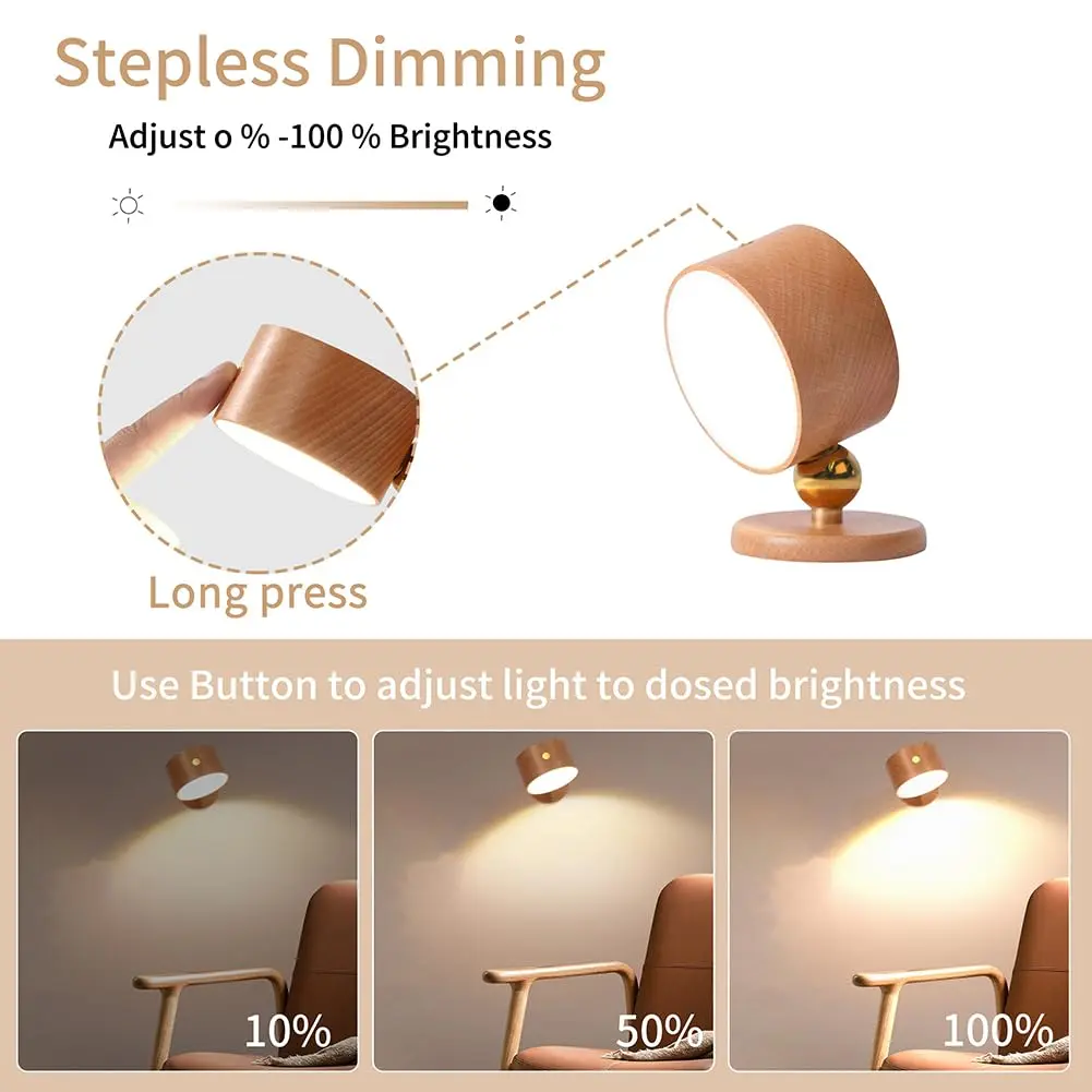 LANDGOO Wood Wall Sconce Bedside Lamp Rechargeable Night Light | Natural Wood, Dimmable, Portable, 4000K - view 4