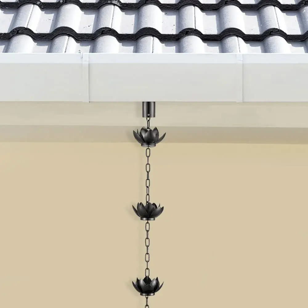 Oak Leaf Lotus Rain Chain 2.59m (8.5ft) with Adapter | Black Powder Coated, 12 Cups, Adjustable - view 5