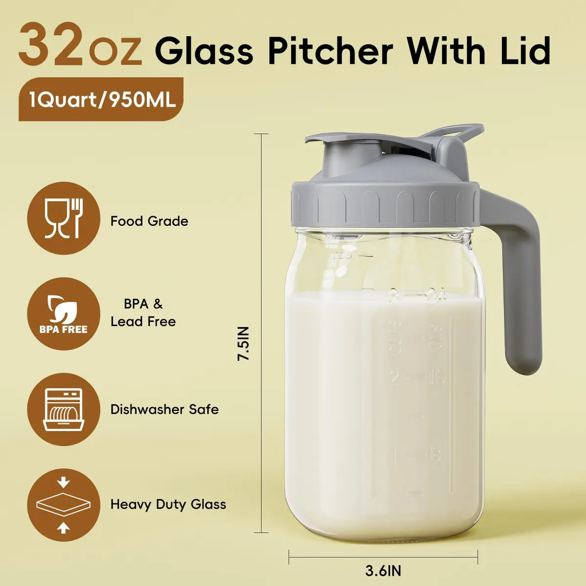 JunVpic 950ml (32 oz) Glass Mason Jar Pitcher with Leakproof Spout Lid and Handle | Safe for Formula, Breast Milk, Cold Brew Coffee - view 2
