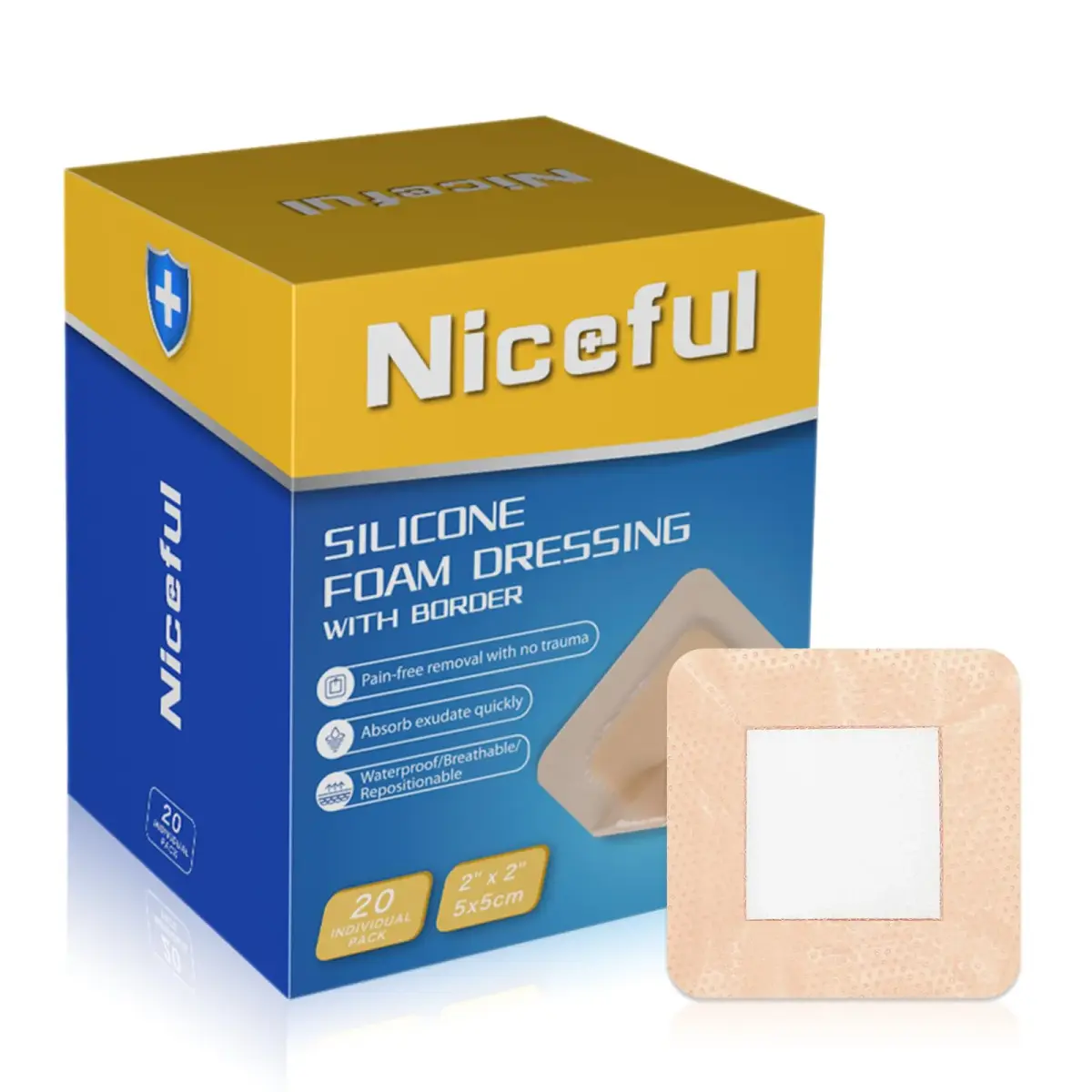 Niceful Silicone Foam Dressing Gentle Border 2"x2" (5cm x 5cm) | 5-Layer Absorbency for Moderate to High Exudate Wounds - main product image