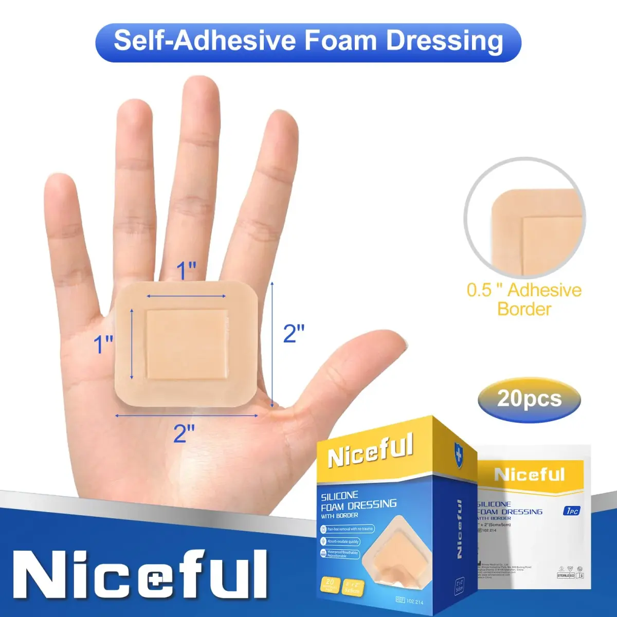 Niceful Silicone Foam Dressing Gentle Border 2"x2" (5cm x 5cm) | 5-Layer Absorbency for Moderate to High Exudate Wounds - view 2