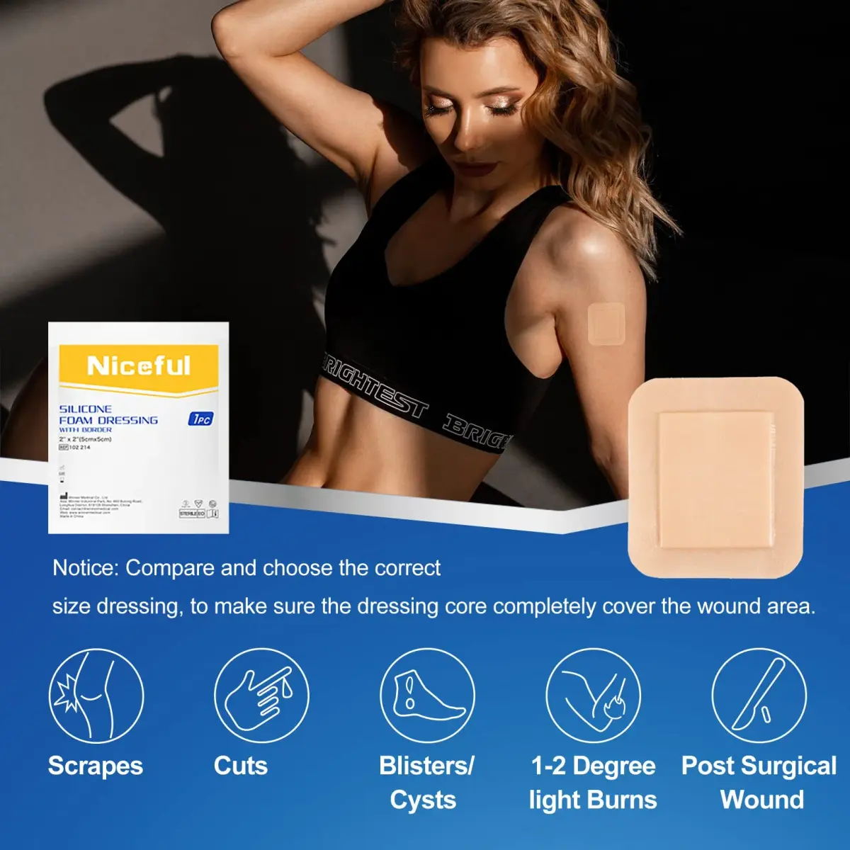 Niceful Silicone Foam Dressing Gentle Border 2"x2" (5cm x 5cm) | 5-Layer Absorbency for Moderate to High Exudate Wounds - view 3