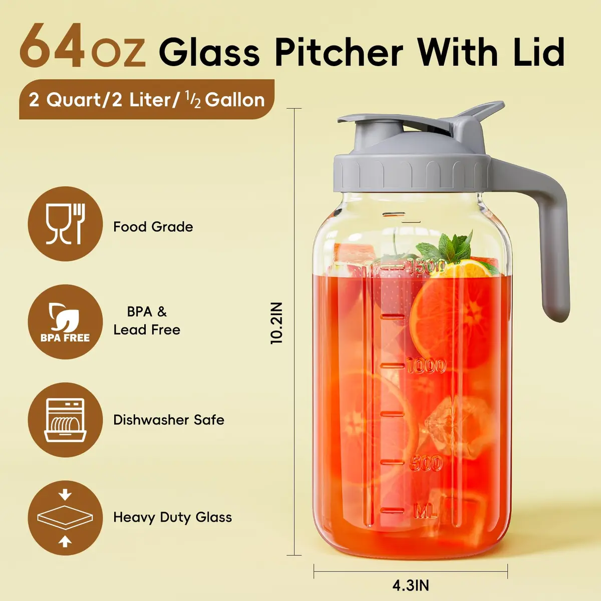 JunVpic Glass Pitcher with lid, 64 oz Wide Mouth Mason Jar | Leakproof, Heavy Duty Glass, Easy to Clean - view 2