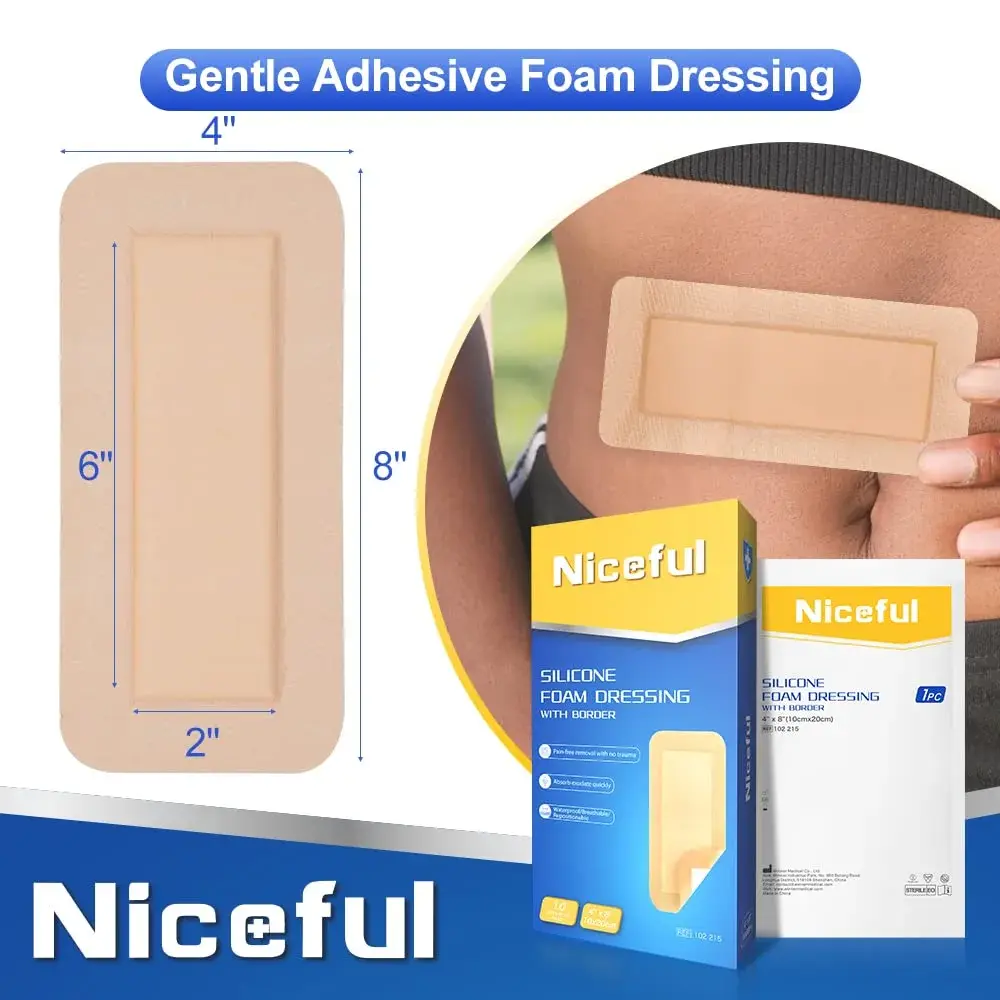 Niceful Silicone Foam Dressing 4"x8" (10 Count) | Large Sterile Wound Care Pads for Bed Sores & Post-Surgery - view 2