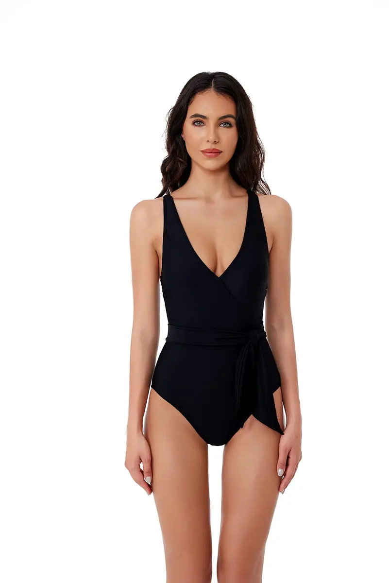 BCA by Rebecca Virtue Megan Women's One Piece Swimsuit with V-Neck, Wrap Waist Tie & Adjustable Back Strap | Black, Small - main product image