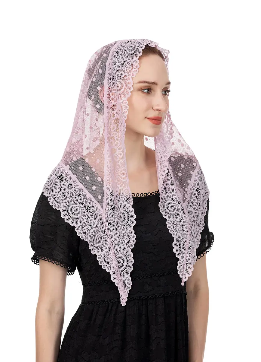 Wgior Triangle Vintage Inspired Lace Chapel Veil 54in x 25.5in | Elegant Church Head Covering in Purple - main product image