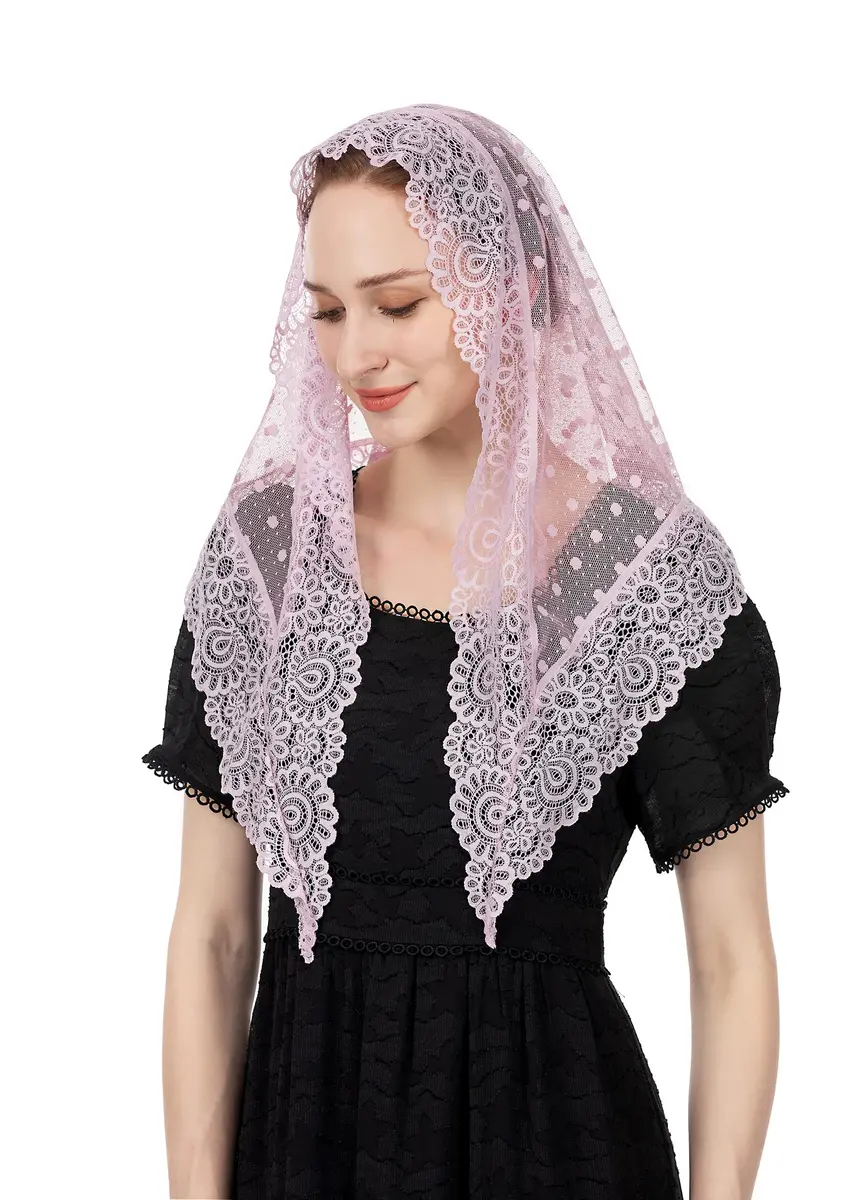 Wgior Triangle Vintage Inspired Lace Chapel Veil 54in x 25.5in | Elegant Church Head Covering in Purple - view 2