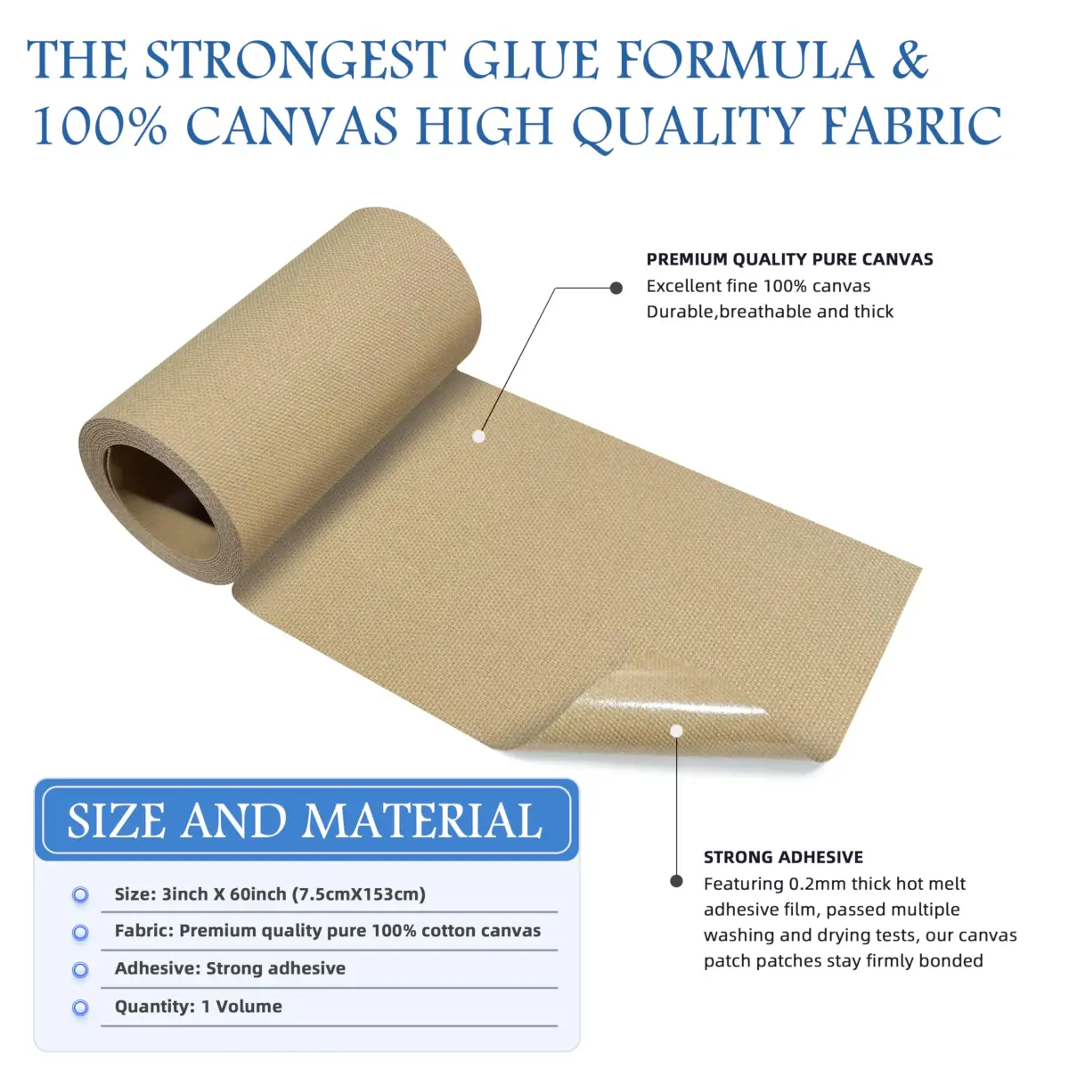KING MOUNTAIN Canvas Iron-On Repair Patch 3"x60" (7.5x152cm) | Durable Cotton Fabric Mending Roll - view 2