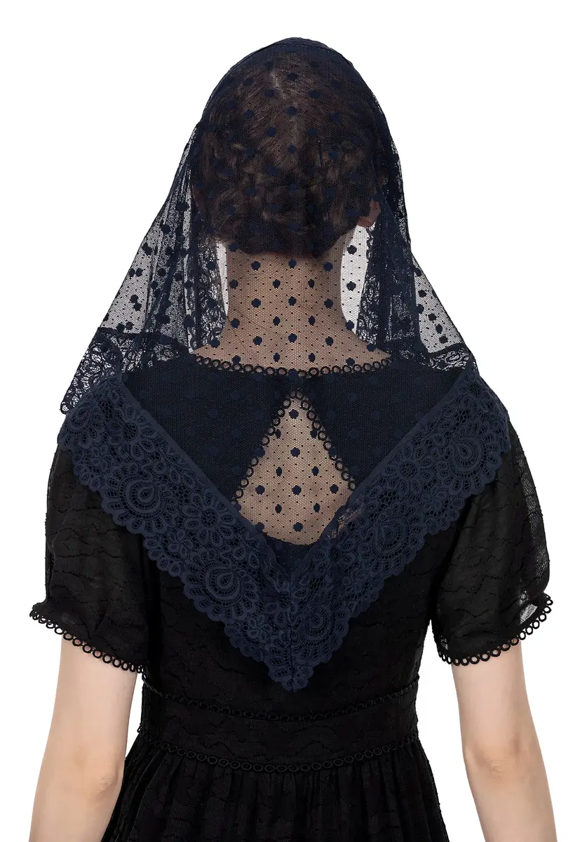 Wgior Lace Chapel Veil Navy Blue | Vintage Inspired Catholic Mass Head Covering - view 4