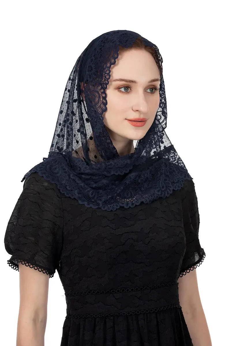 Wgior Lace Chapel Veil Navy Blue | Vintage Inspired Catholic Mass Head Covering - view 5