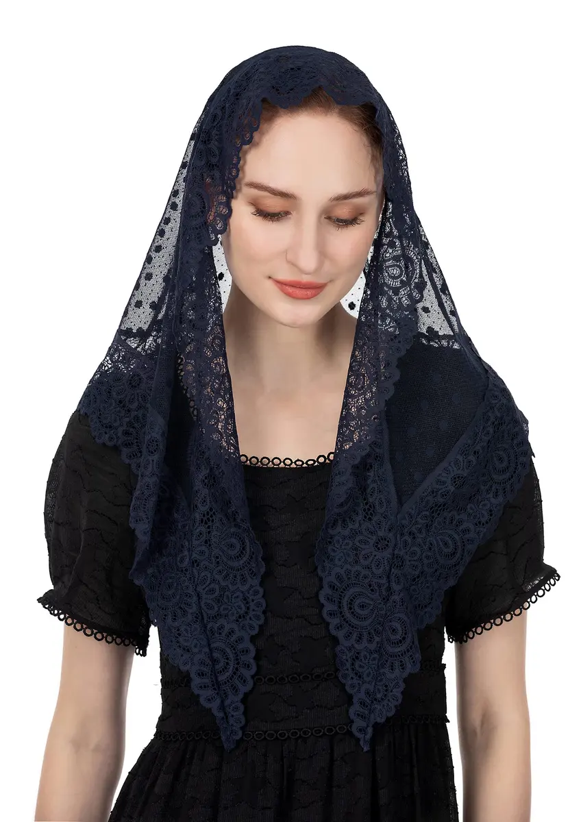 Wgior Lace Chapel Veil Navy Blue | Vintage Inspired Catholic Mass Head Covering - main product image