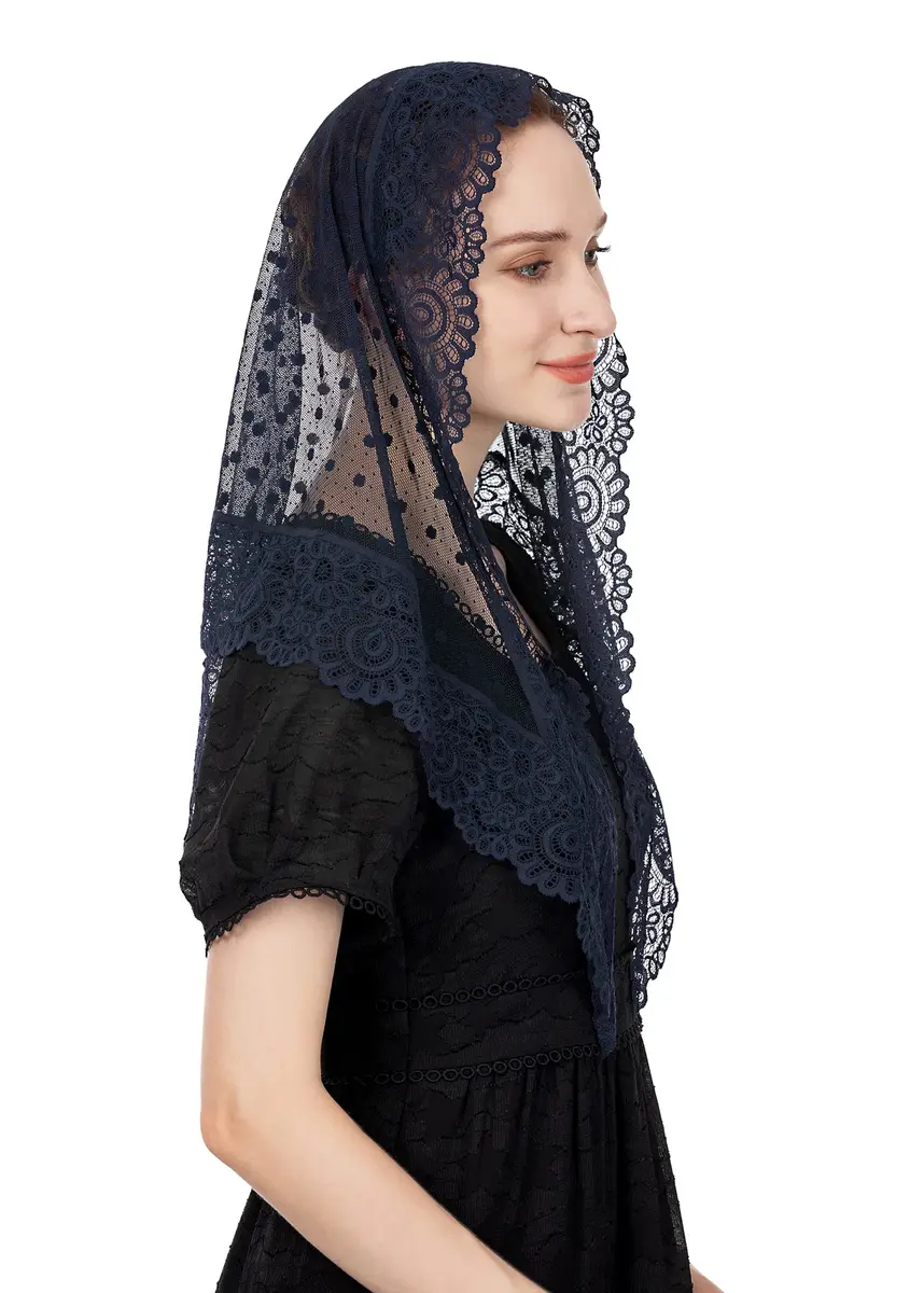 Wgior Lace Chapel Veil Navy Blue | Vintage Inspired Catholic Mass Head Covering - view 2