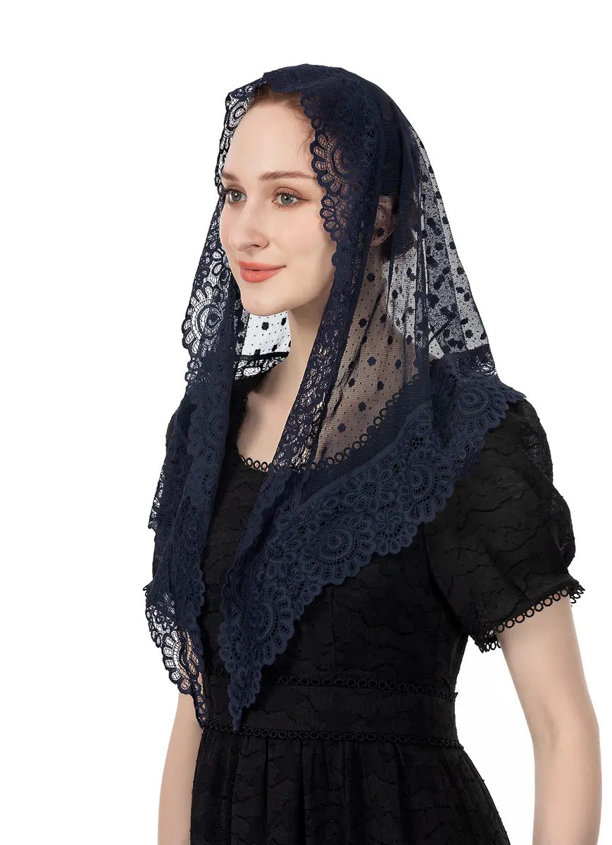 Wgior Lace Chapel Veil Navy Blue | Vintage Inspired Catholic Mass Head Covering - view 3