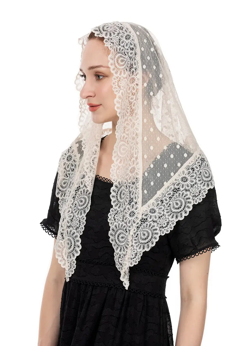 Wgior Triangle Vintage Inspired Lace Chapel Veil Ivory | Elegant Church Head Covering - main product image