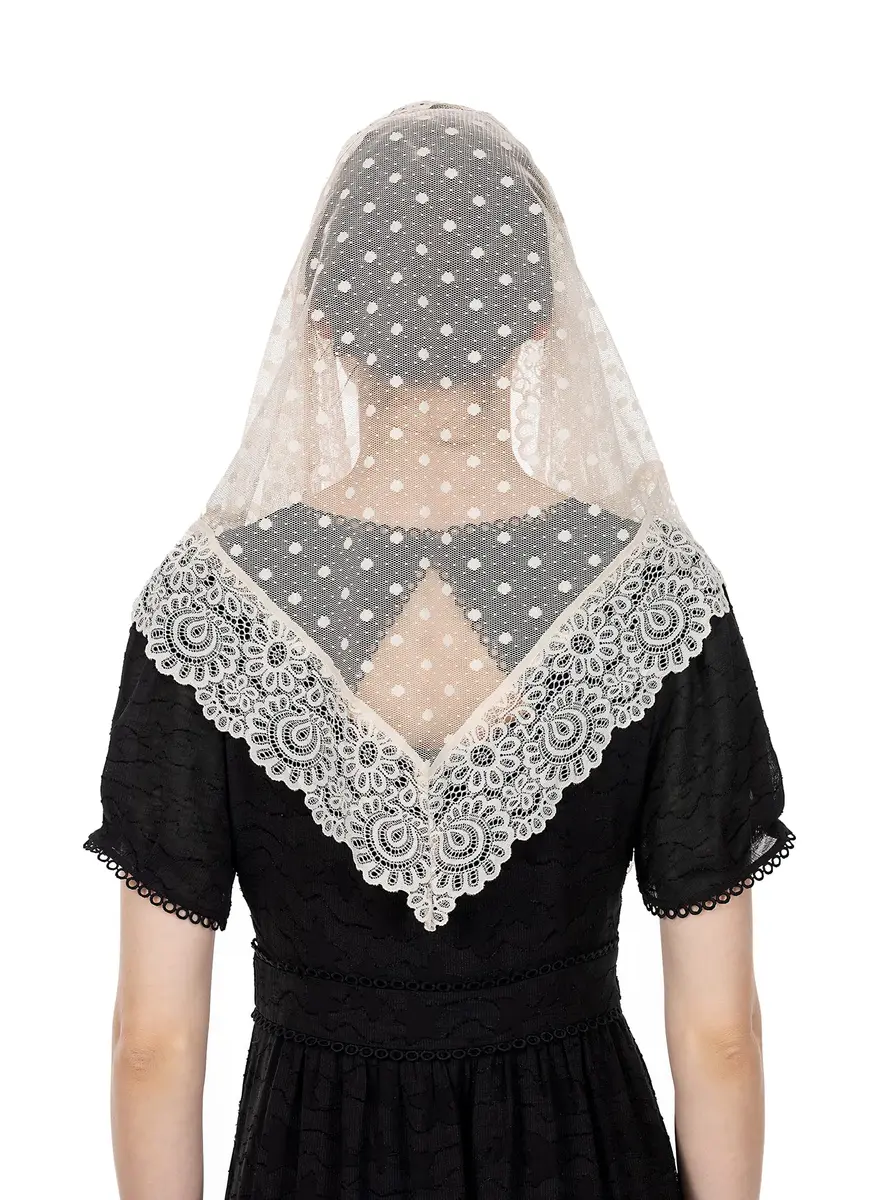 Wgior Triangle Vintage Inspired Lace Chapel Veil Ivory | Elegant Church Head Covering - view 5