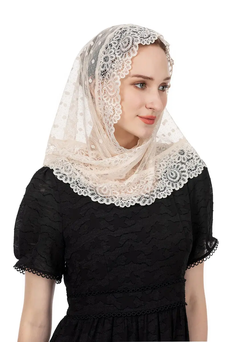 Wgior Triangle Vintage Inspired Lace Chapel Veil Ivory | Elegant Church Head Covering - view 6
