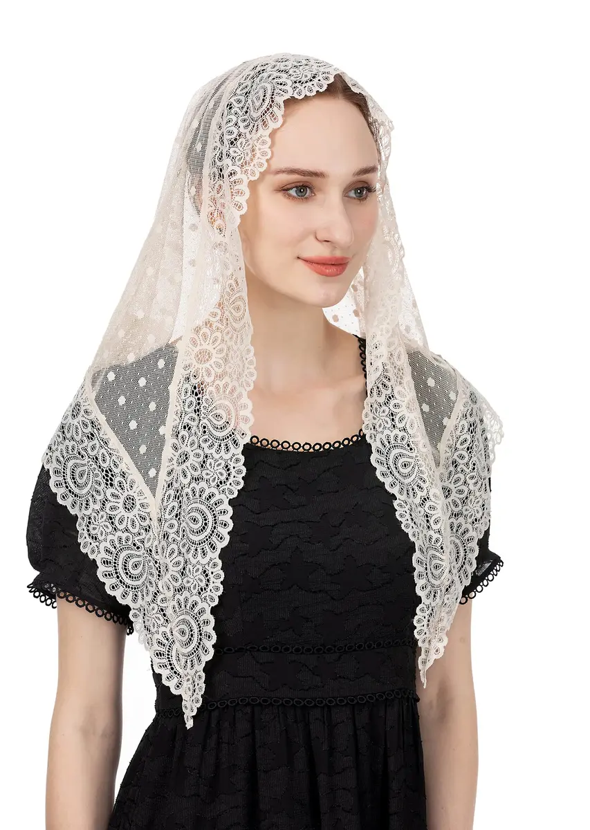 Wgior Triangle Vintage Inspired Lace Chapel Veil Ivory | Elegant Church Head Covering - view 2