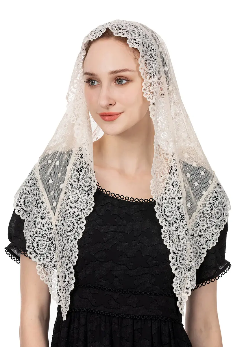 Wgior Triangle Vintage Inspired Lace Chapel Veil Ivory | Elegant Church Head Covering - view 3