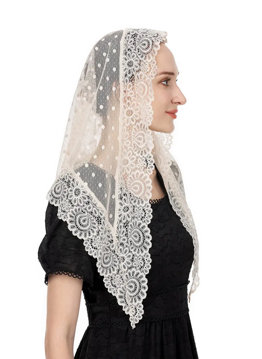 Wgior Triangle Vintage Inspired Lace Chapel Veil Ivory | Elegant Church Head Covering - view 4