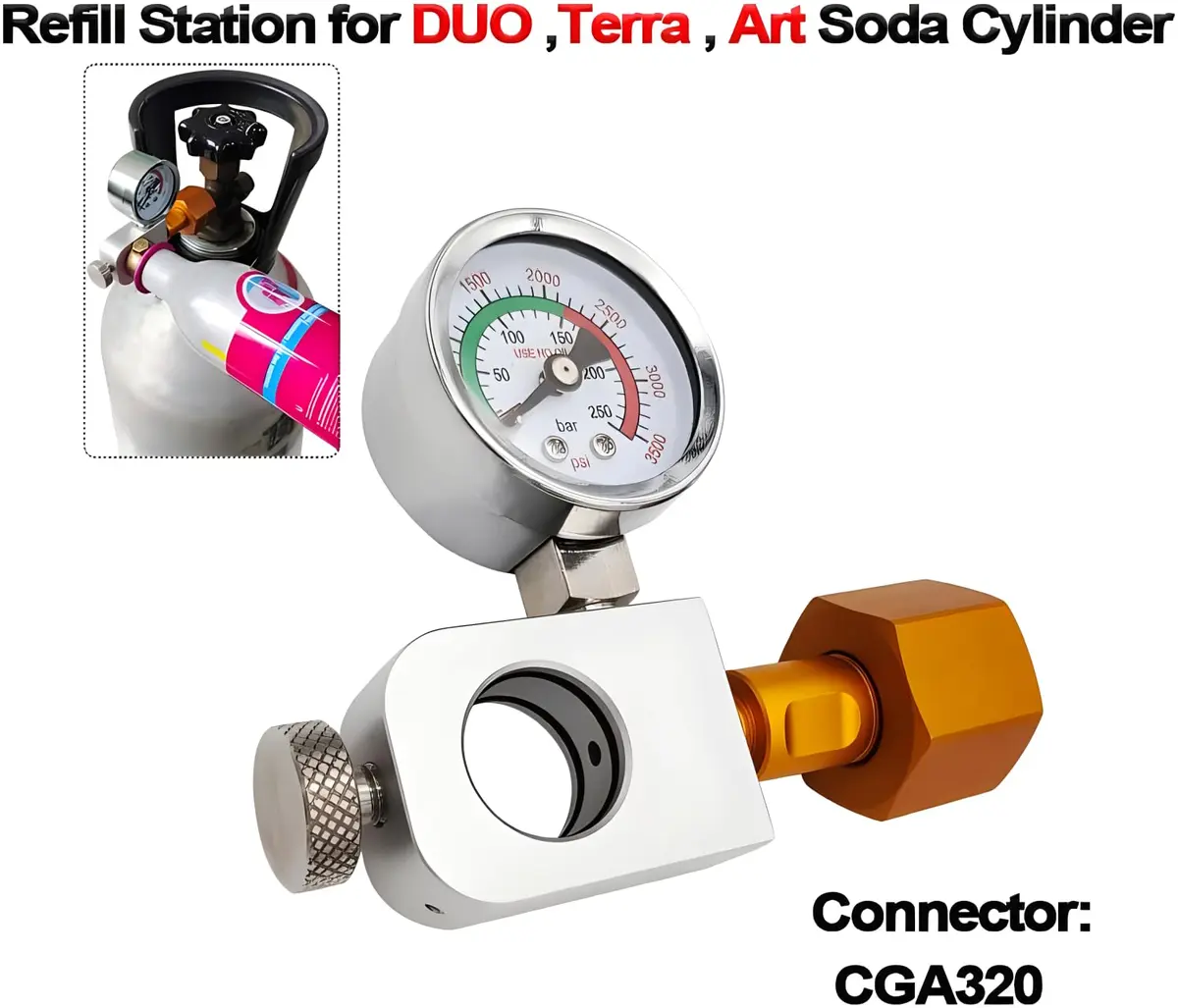 VaVoger Soda Co2 Refill Adapter with Pressure Gauge for Pink Co2 Cylinder | Compatible with DUO Terra Art Soda Co2 Tank - view 3