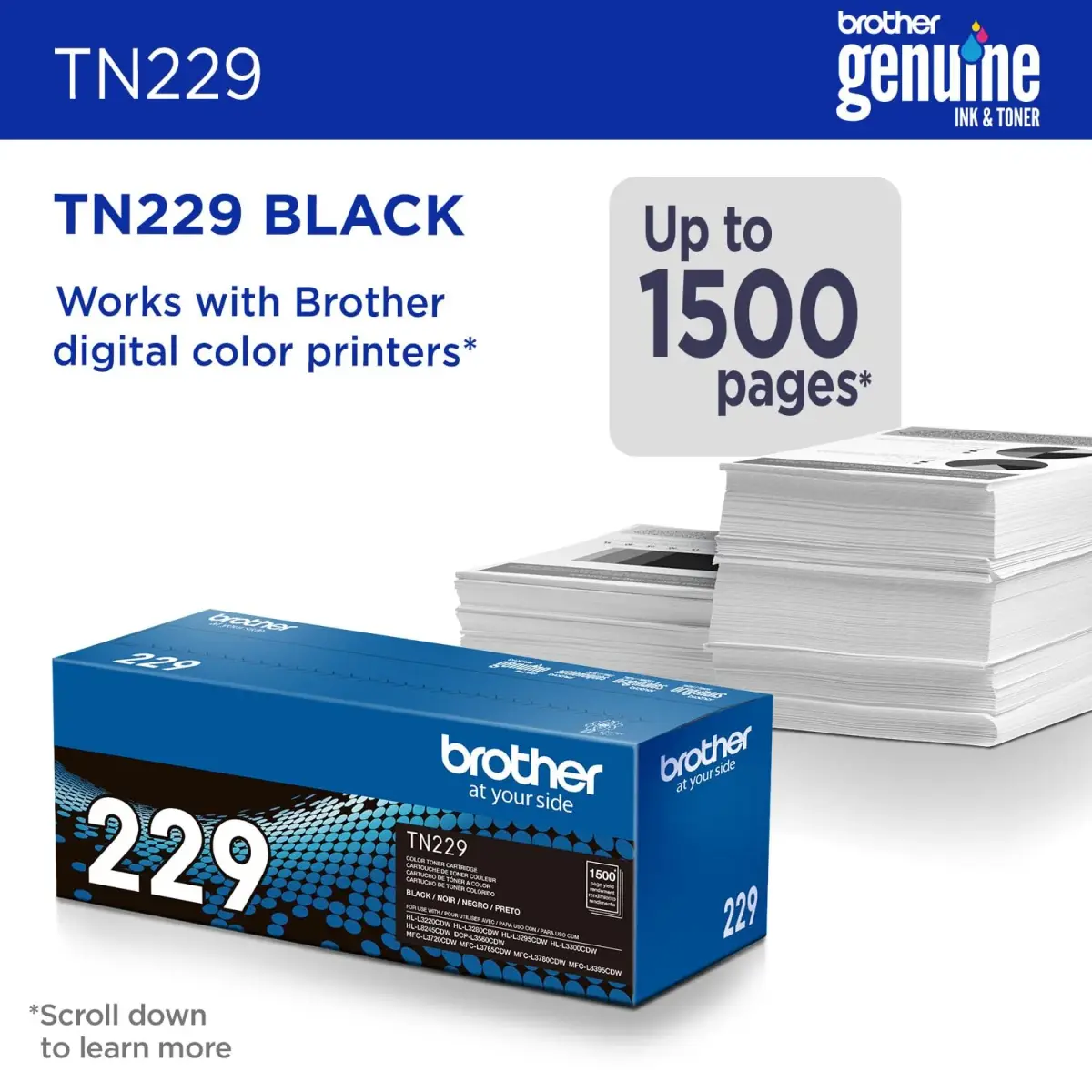 Brother Genuine TN229BK Black Standard Yield Toner Cartridge 1500 Pages | Laser Quality Prints - view 2