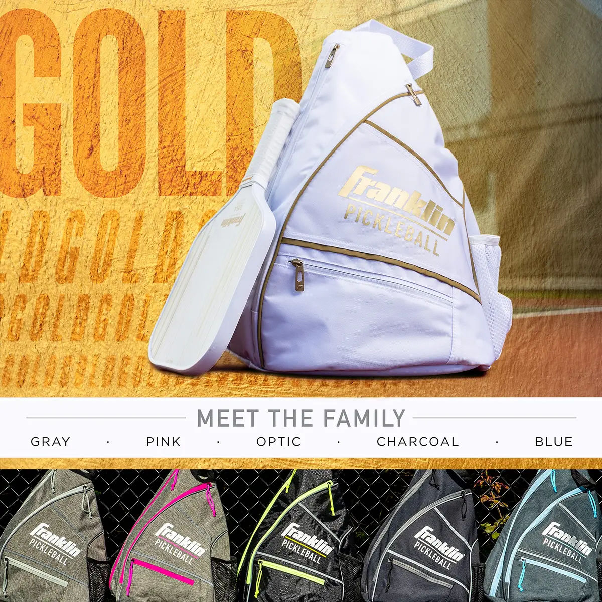 Franklin Sports Pickleball Sling Bag | Holds 6 Paddles, Weather-Resistant, Adjustable Strap, White/Gold - view 5