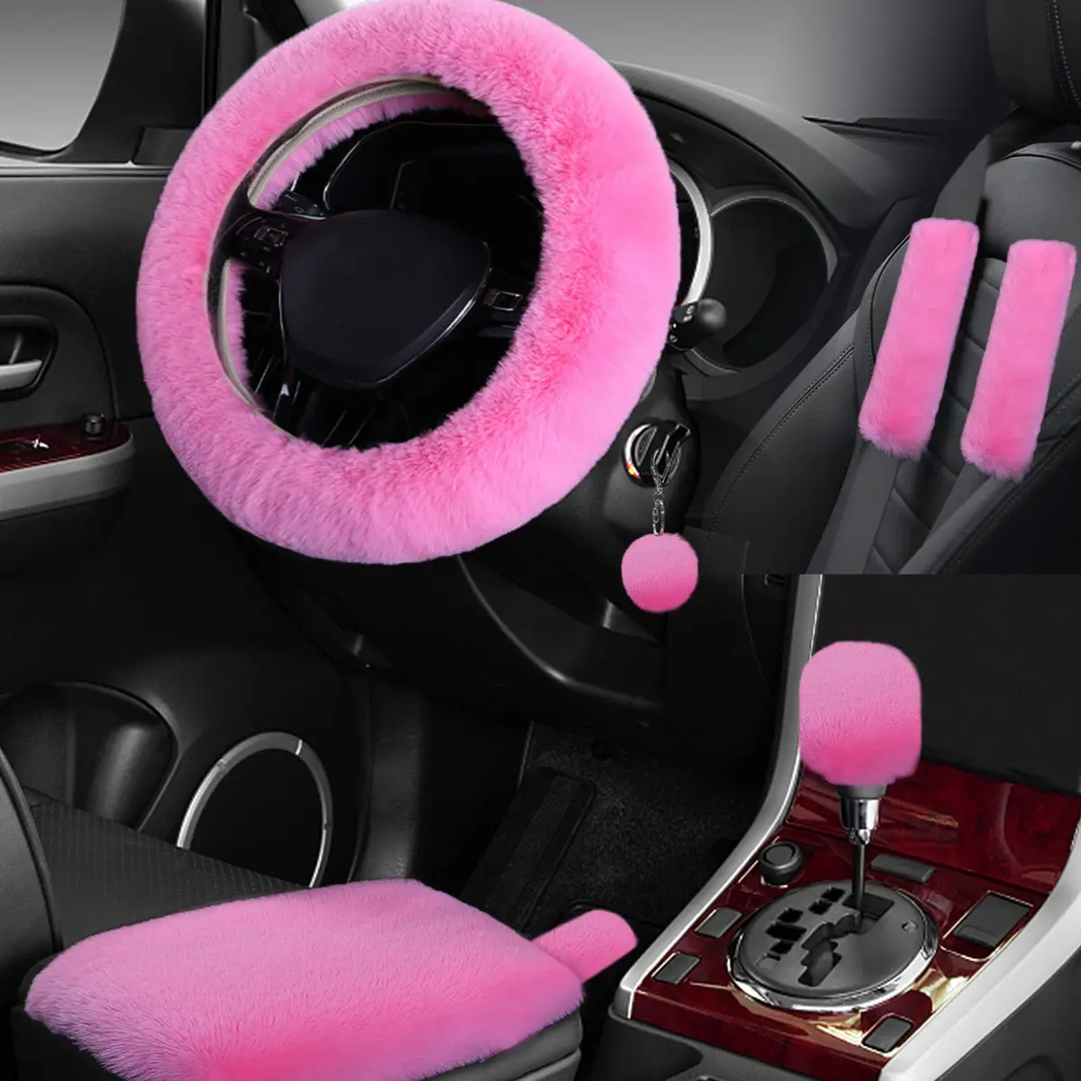 Wazzh Fluffy 15 inch Steering Wheel Cover Set | Girly Car Accessories for Women - main product image