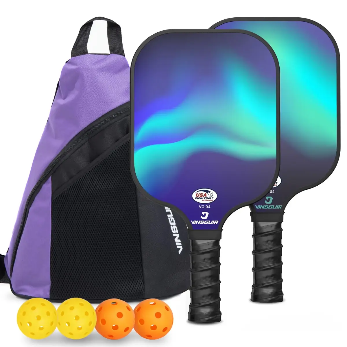 VINSGUIR Pickleball Paddle Set of 2, USAPA Approved Lightweight Fiberglass Rackets with Honeycomb Core, 4 Pickleballs & Carrying Bag, Aurora Blue (2 Rackets) - main product image