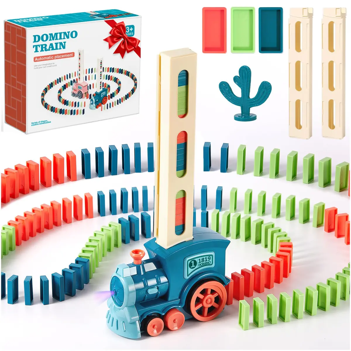 BAIWER Domino Train Toy with Lights & Music, 200 Dominoes & Cactus Spinner | Educational STEM Set for Kids 4-8 - main product image