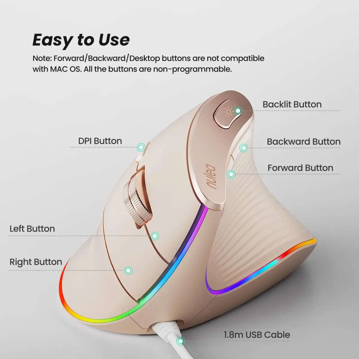 Nulea M504 Wired Vertical Ergonomic Mouse with 4-Level DPI & RGB Lighting | 1.8m Cable, Right Hand, Pink - view 4