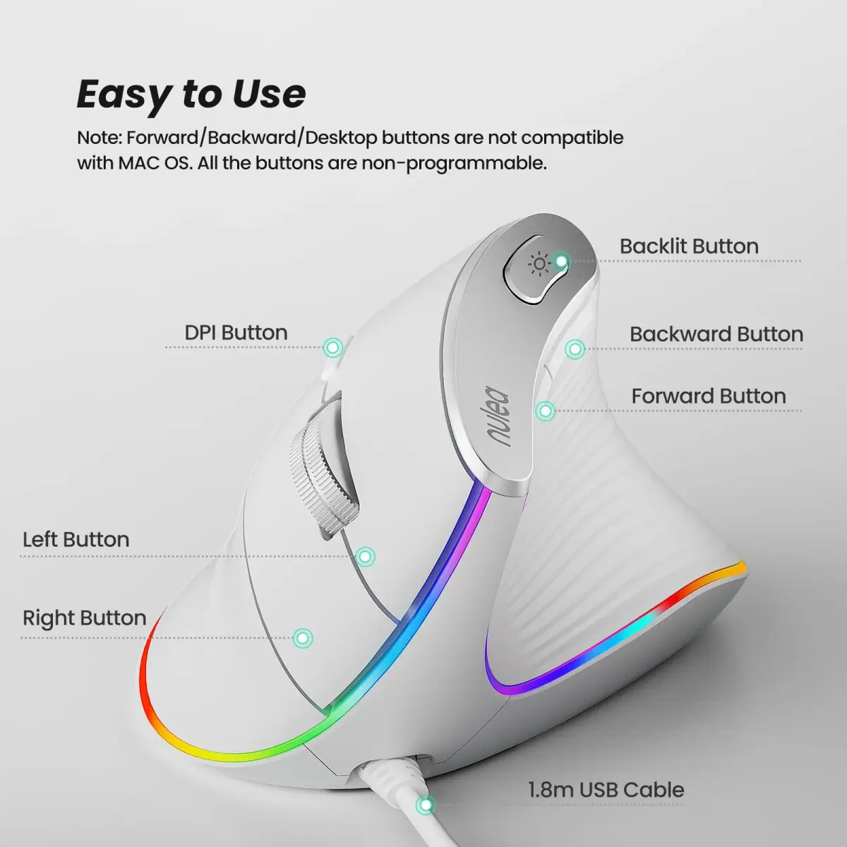 Nulea M504 Wired Vertical Ergonomic Mouse with 4-Level DPI & 11 RGB Modes | 191g (0.42 lb) - view 4