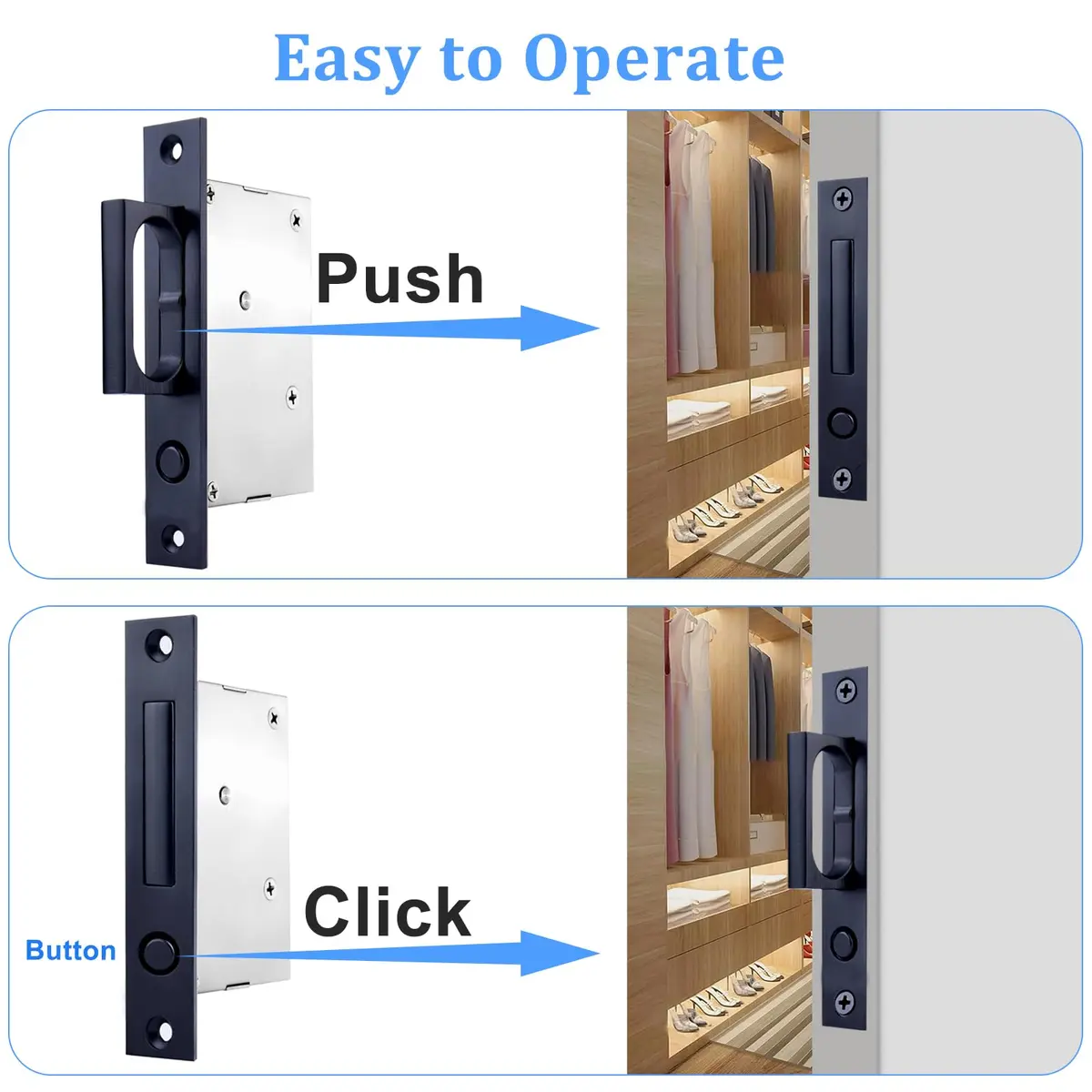 Dontay 5.5" Pocket Door Edge Pull, Push Automatic Bounce Switch, Hidden Handle, Satin Nickel, Large Grip (1, Black) - view 2