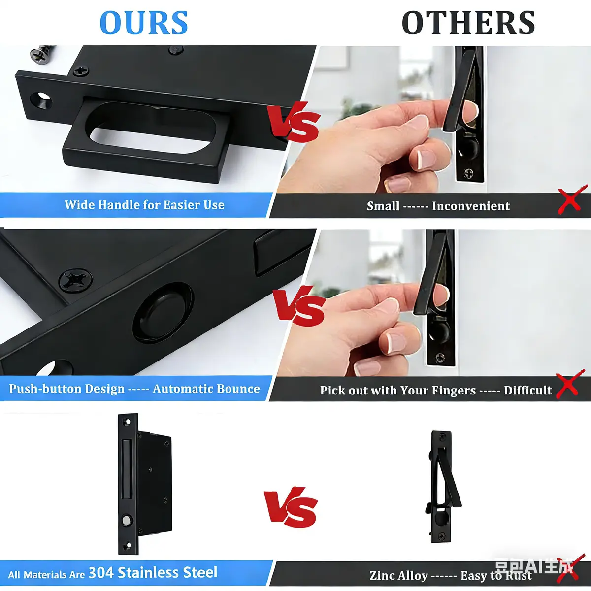 Dontay 5.5" Pocket Door Edge Pull, Push Automatic Bounce Switch, Hidden Handle, Satin Nickel, Large Grip (1, Black) - view 3