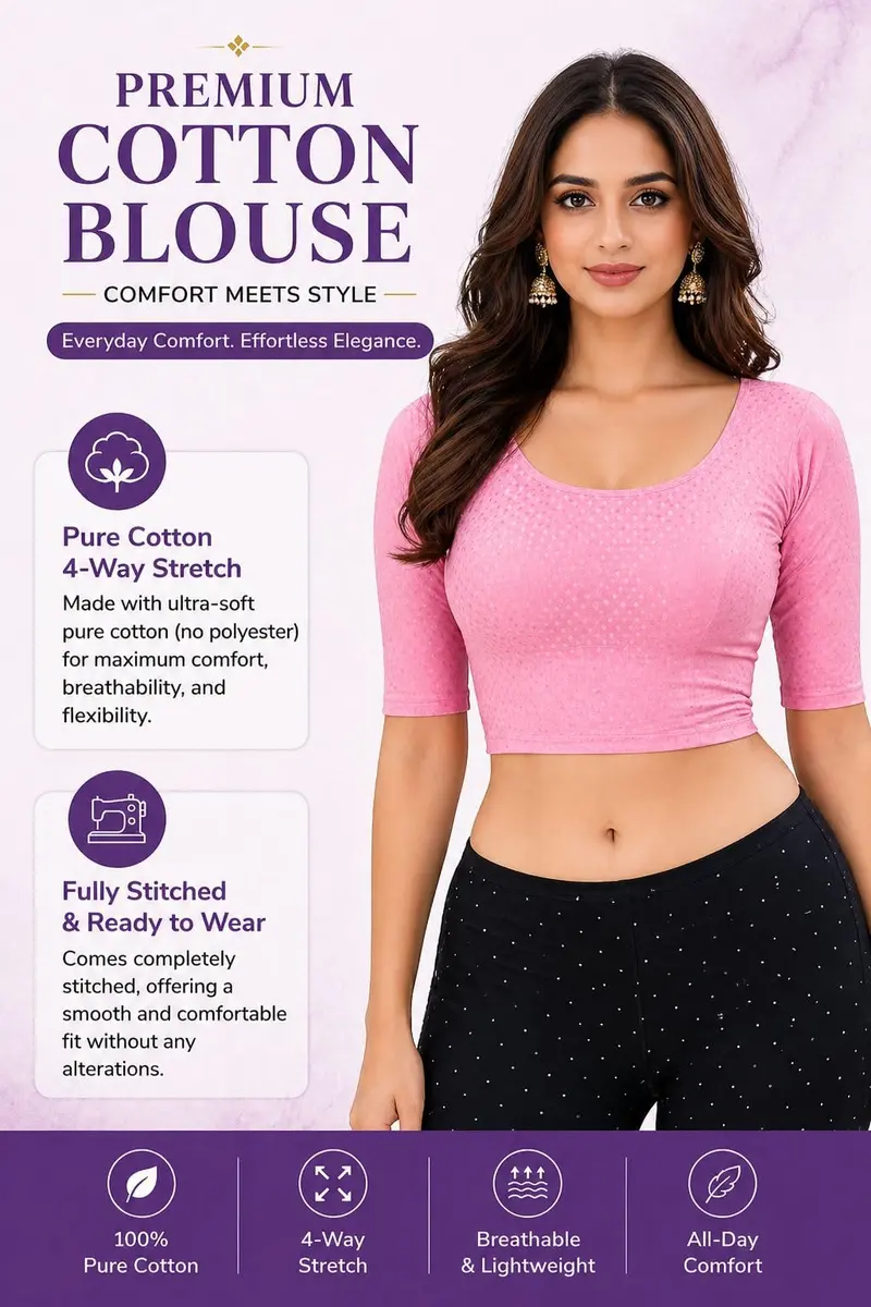Fressia Fabrics Round Neck Pure Dobby Cotton Stretchable Elbow Sleeve Saree Blouse | 38 cm (15 inches) Chest - view 6